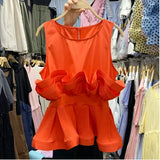 2022 Solid Color Sweet Pleated Ruffles Patchwork Shirt Women Sleeveless Slim Chiffon Blouse Top for