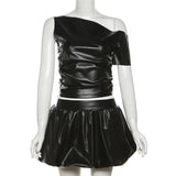 Black PU Leather Off-Shoulder And Pleated Mini Skirt Two Piece Set-Outfit
