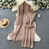 Senior Sense Loose External Medium And Long Knitted Cardigan Jacket + Sleeveless Metal Buckle Joint