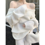 Autumn Design Sexy White Knitted Sweater Women Long Sleeve Pure Color Korean Fashion Y2k Clothing Elegant Pullover