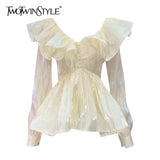 Apricot Elegant Patchwork Ruffles Tunic Women's Shirt V Neck Long Sleeve Korean Slim Fashion Woman Blouses 2021