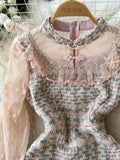 Runway Autumn Pearls Mesh Patchwork Tweed Dress Women's Long Sleeve Gorgeous Flower Embroidery Elegant Mermaid