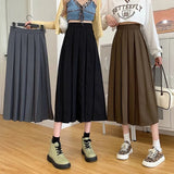 Vintage Brown Pleated Long Skirts Women Korean Fashion High Waist Chic Elegant A-line Midi Skirt for Girls Preppy