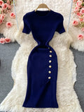 Version Of The Solid Color Collar Buckle Body Short Sleeve Elastic Knitted Forked And Left-Sleeved Dress