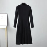 Women Knitted Pleated Dress Winter Solid Stand Neck Sweater Thick Slim Midi Long Dress 2022 Casual Soft Warm