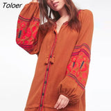 Elegant Women's Boho Dress O-Neck Single-Breasted Puff Sleeve Floral Embroidery Vintage Dresses Bohemian Beach