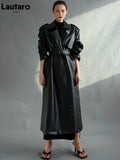 Lautaro Autumn Extra Long Oversized Black Faux Leather Trench Coat for Women Long Sleeve Belt Double Breasted Loose Fashion