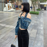 Ropa Mujer Harajuku Blue Jean Jacket Woman Sexy Slash Neck Tunic Y2k Tops Streetwear Outwear Fashion Casual Korean