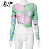 Trendy Printed Sheer Mesh Long Sleeve Crop Top Asymmetrical Contrast Stitch Womens Tshirts Sexy Graphic Tee