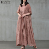ZANZEA 2022 Vintage Summer Maxi Dress Women's Pleated Sundress Half Sleeve Long Vestidos Female Casual O Neck Robe