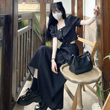 Party Summer Two Piece Set Women Korean Short Backless Puff Sleeve Blouses+High Street Bandage Long Skirts Elegant Chic Set Women