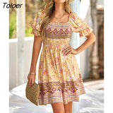 Floral Print Short Dress Women Casual Blue Puff Sleeve Boho Beach Dress Fashion Square Collar New In Dresses