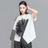 Women White Flower Ruffles Ribbon Big Size T-shirt New Round Neck Short Sleeve Fashion Tide Spring Summer 2023