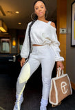 Winter Sexy Fleece Shoulder Slope Long Sleeve Top And Pant 2 Piece