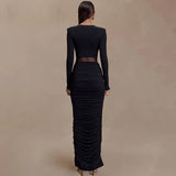 2025 New Solid Color Long-Sleeved Deep V-Neck Sexy Folded Empty Bag Dress Dress