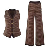 Fragrant Breeze Lady Sleeveless Knitted Shoulder Vest Metal Buckle Broad Leg Trousers Set Famous Retro