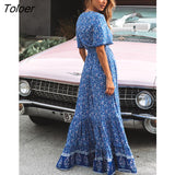 Vintage Print Maxi Dress Waist tie Ruffle Hem Boho Dresses Women Beach Long Dresses V-Neck Short Sleeve Summer Dress