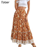 Boho Retro Floral Print Skirts Women 2023 Summer High Waist A-Line Pleated Long Skirts Casual Holiday Beach