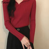2023 Spring Autumn Knitted Sweater Women Korean Turn Down Collar Long Sleeve Pullover Woman Solid V Neck Jumper