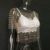 Graduation party Pearl Beading Bling Rhinestone See Through Crop Top Summer Mesh T Shirt Women Party Beach Holiday Lace Tops