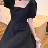 Sleeve Dress Women Black Vestidos Elegant Square Collar Vintage Pure Summer College Trendy French Style Design