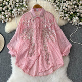 Gas Age Reduction Shirt Female French Heavy Industry Shiny Embroidery Diamond Set High-End Lantern Sleeve Thin Top
