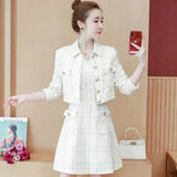 Korea Elegant 2 Piece set Women Plaid Tweed Lapel Long Sleeve Jacket Coat + Retro Fashion sleeveless A-Line Dress
