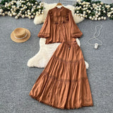 Temperament Set Female Court Vintage Lace Spliced Lantern Sleeve Single-Button Shirt High-Waisted