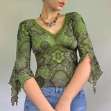 Rockmore Lace Mesh Crop Top Vintage Frill Print T Shirt Women Autumn V Neck Slim Pullovers Harajuku Tshirt Grunge
