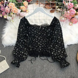 New Spring Sweet All-match square collar Lantern Sleeve Lace lace bandage waist slim short Shirt