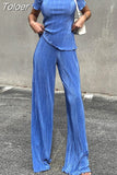 Fashion Women's 2 Pcs Set Pleated New Round Neck Loose Short Sleeve Tops And Highwaist Straight Pants Summer 2023