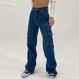 Fashion Blue Denim Jeans Woman Casual High Waist Straight Cargo Pants Streetwear Full Length Pockets Trousers
