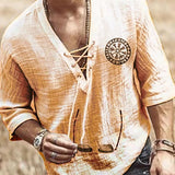Viking Pirate Medieval Cosplay Halloween Costume Men Shirt V Neck Lace Up Vintage Shirt Half Sleeve Linen Blouse
