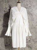 Fashion Women's Dress V-neck Long Sleeve Metal Buckle Belt Waist Knee-length Pleated White Dresses Female Spring 2023