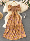 Women Chiffon French Style Dress Summer 2022 Slash Neck Vacation Elastic Waist Elegant Party Slim A Line Long