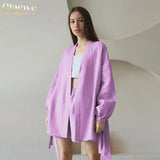 Autumn Lace-Up Robes Tops Two Pieces Set Womens Casual Loose High Wiast Shorts Set Elegant Pink Home Suit With