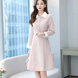 Korean Elegant Pink Plaid Tweed Dress Femme 2022 Autumn Vintage Single-Breasted Ladies Slim Waist Party Dress