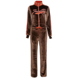 Print Velvet Tracksuit Set Women Fashion Streetwear Outfits Female Zipper Sport Clothes Straight Tracksuit Casual