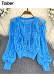 Autumn Women Long-sleeved Knitwear With Diamond Hollow Korean Fashion Round Neck Casual Loose Pullover Ladies Knit