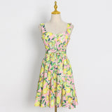 Vintage Print Sling Dress For Women Square Collar Sleeveless High Waist Folds Mini Dresses Female Fashion