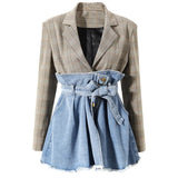 Women Blue Plaid Denim Bandage Big Size Blazer New Lapel Long Sleeve Loose Jacket Fashion Tide Spring Autumn 2023