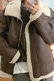Women Faux Leather Fur Coats Sheep Leather Shearling Jackets Lady's Fashion Long Sleeve Zipped Outerwear Fall Winter Warm