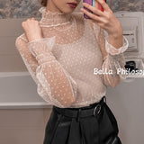 New Transparent Korean Loose Women Lace Blouse 3 Colors Female Bottoming Blouses Plus Size Cheaper