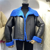 Autumn Patchwork Women Fur Faux Leather Jacket Turn Down Collar Ladies Winter Thick Warm Oversized Coat Woolen Blend