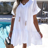 Casual Ruffles Big Hem Mini Dress Women 2022 Summer Short Sleeve V-neck Lace-up White Black Red Beach Dresses For