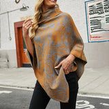 Autumn Winter Print Poncho Women Sweater Oversized Turtleneck Jumper Knitwear Holiday Vintage Cape Batwing Sleeve