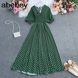 dot holiday casual wide leg jumpsuits V Neck Puff Sleeve Waist Elastic Rompers loose beach long