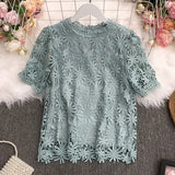 New Summer Sweet All-match O-neck puff sleeve Blouse hollow out Lace Crochet stitching Shirt