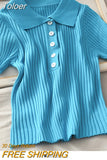 New Women Ribbed Button Up Polo Shirt Female Plain Short Sleeve Candy Colors Top Stretchy Slim Tee Shirts 2023