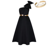 Large-Size Women's Summer New Fashion Slanted Shoulder Bow Banquet Dress African
